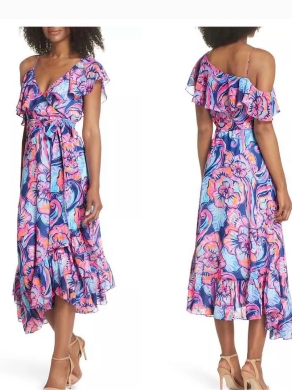 Lilly Pulitzer Marianna One-Shoulder Floral Ruffle Midi Dress - Pink & Blue